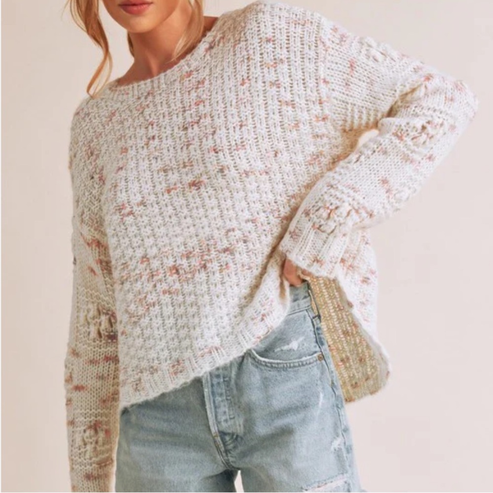 Cozy Knit Sweater Pink Cream White Distressed